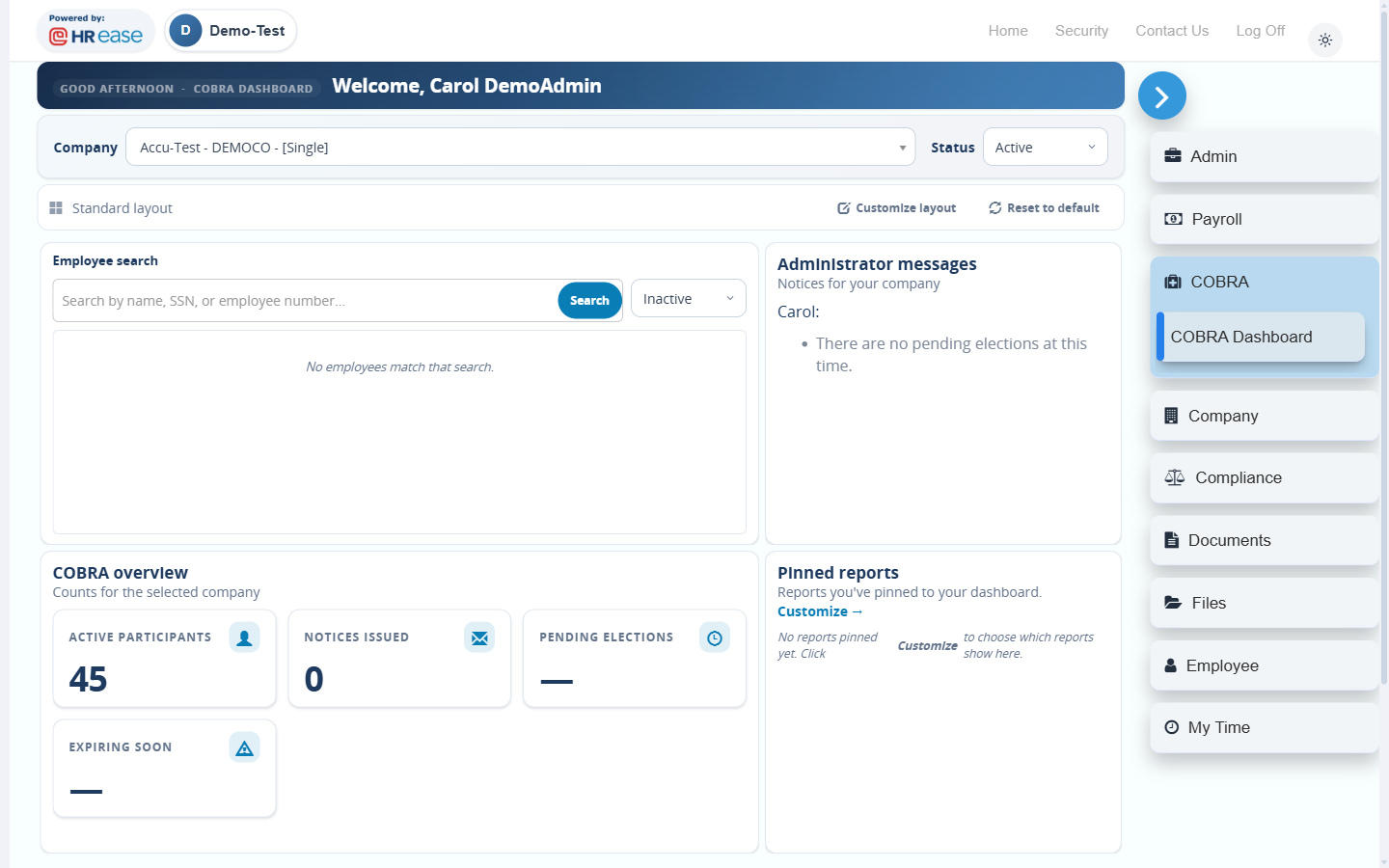 HR ease COBRA Dashboard